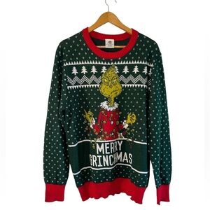 Men’s Grinch “Merry Grinchmas” Sweater L | Holiday Crewneck Christmas Pullover